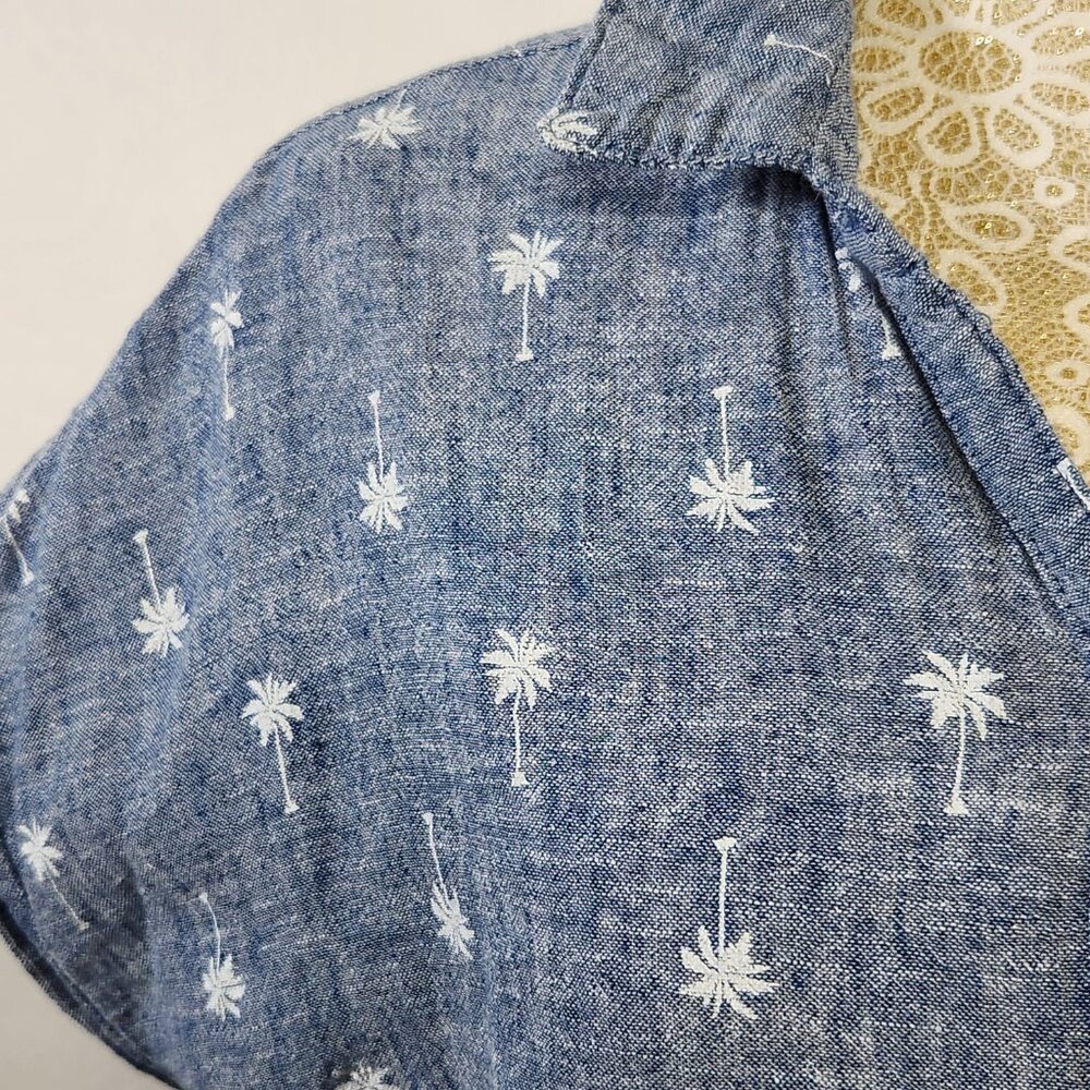 Old Navy Women's Large Denim Linen Blend Palm Tree Button-Down Tie-Front Shirt - Picture 5 of 16
